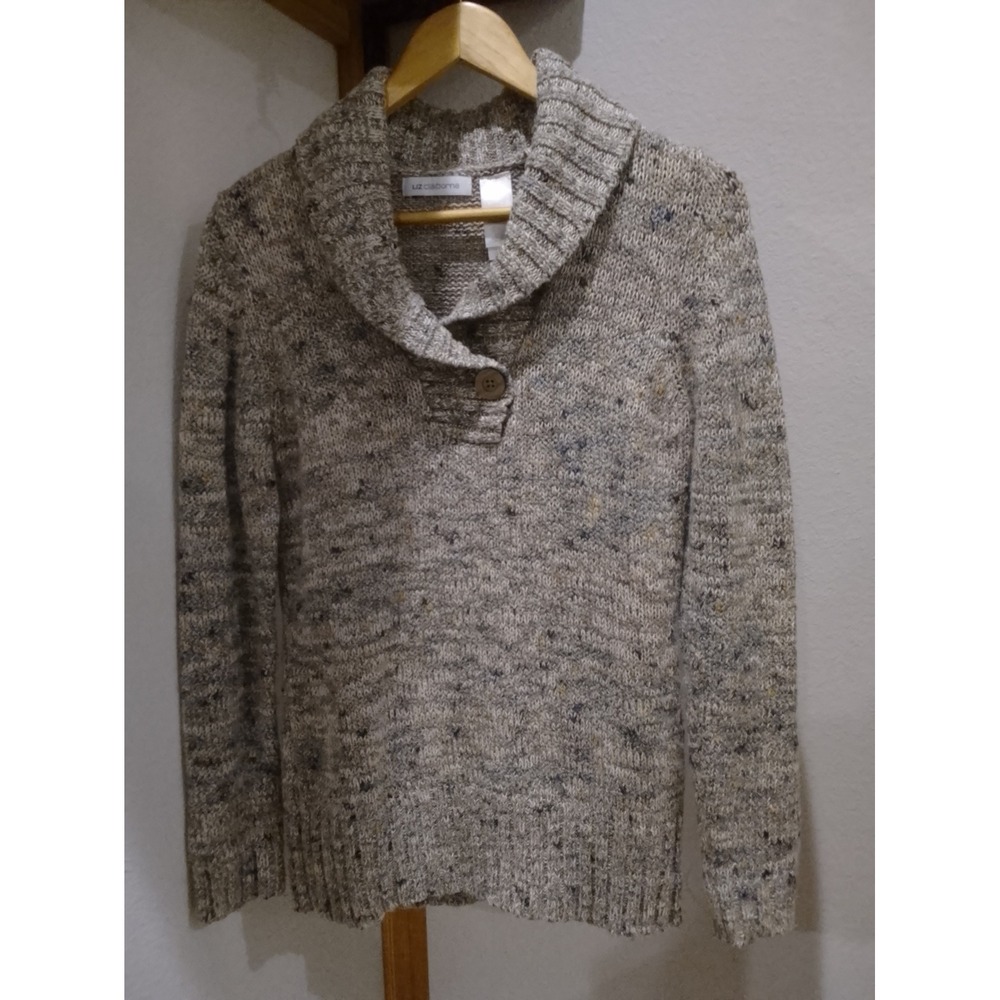 Liz Claiborne Womens Shawl Collar Marled Knit Sweater Oatmeal Tan Button Large